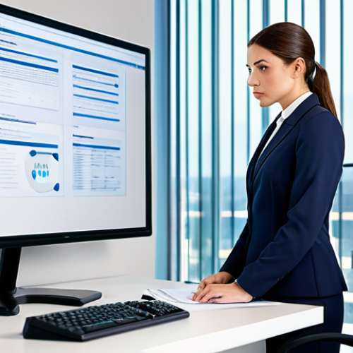 Home 8 **
A professional compliance officer in a modern office setting. She is reviewing documents, looking focused and competent. She is fully clothed in a modest business attire (skirt or pants suit). The background is clean and organized, with a computer screen displaying compliance-related data. Safe for work, appropriate content, professional, perfect anatomy, natural proportions.
**
